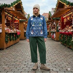 Vintage 90s XL Denim‎ Shacket Shirt Jacket Snowman Button Velvet Collar Holiday